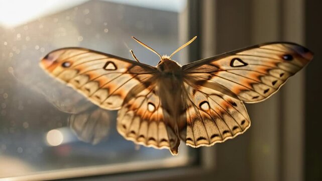Moth with open wings on a window, inside view, sunlit background. Use natural beauty