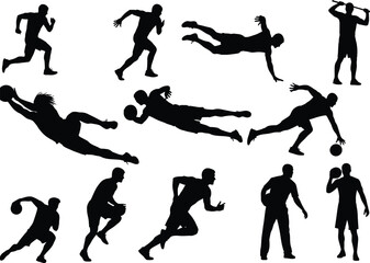 a collection of dynamic silhouettes depicts various athletic poses illustrating movement and human figures engaged in physical activity and sports
