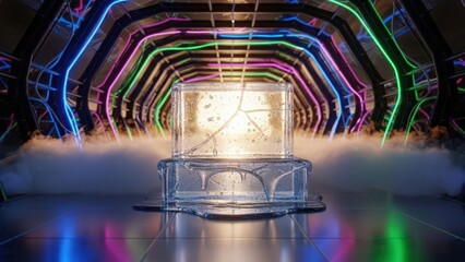Futuristic glass cube with neon lights and fog