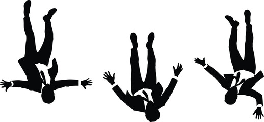 a simple black and white illustration depicts three silhouetted figures falling headfirst arms outstretched suggesting a sense of descent high quality