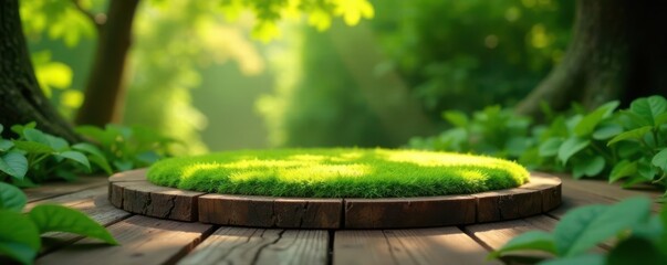 Circular wooden stage, moss-covered, soft focus background , blurred, scenic