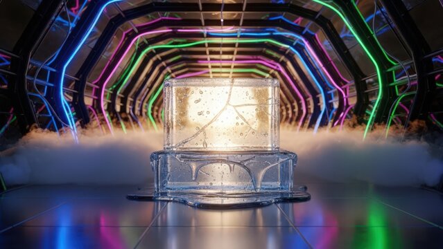 Futuristic glass cube with neon lights and fog - Powered by Adobe