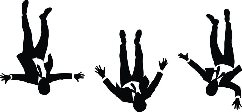 a simple black and white illustration depicts three silhouetted figures falling headfirst arms outstretched suggesting a sense of descent high quality