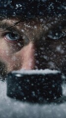portrait close up hockey player wearing uniform move on dark stadium background throws the puck to the foreground. copy space banner. focus on flying puck. vertical photo.