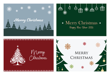 Set of Christmas cards featuring a vector holiday tree design with winter snowflake patterns and merry new year celebration ornaments for a seasonal greeting banner illustration