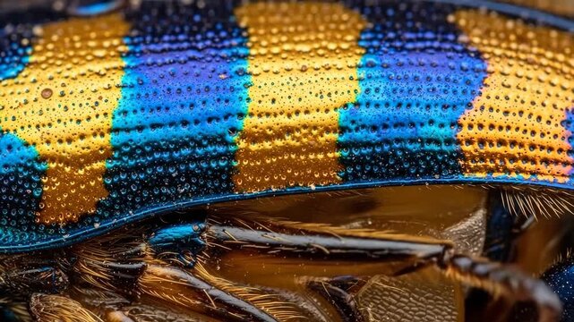 Macro shot of a jewel beetle covered in water droplets with intricate details. Ideal for design