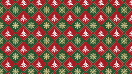 A vintage red and green seamless Christmas pattern with geometric snowflakes and Christmas tree ornaments creates a traditional textile design for elegant fabric wallpaper and festive paper decor