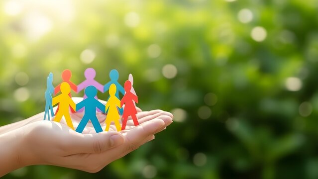 Hands Holding Colorful Paper People Chain on Green Nature Background for Community, Diversity, and Unity Concept