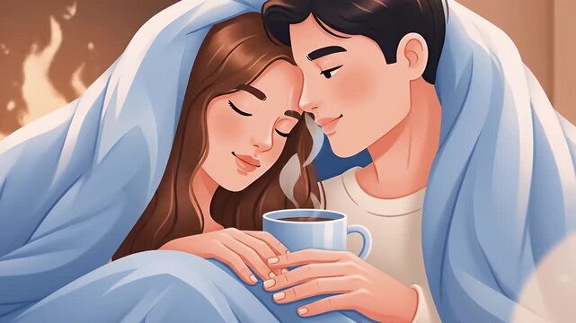Gentle push-in on animated romantic couple snuggled with warm drink, intertwined hands, soft colors