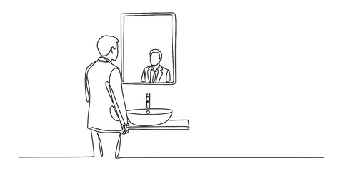 Man in suit looking in mirror after grooming Vector, illustration