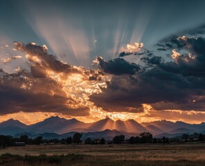 Dramatic sunset over mountains, with sun rays piercing clouds