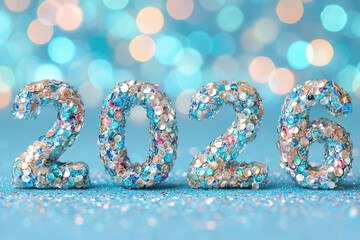 New Year Christmas background with numbers 2026 on pastel blue background with bokeh lights, rhinestones, and glitter, bright shiny background for greeting card. Happy New Year