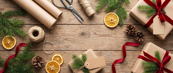 Overhead view of Christmas gift wrapping essentials on a rustic wooden table, featuring craft paper, ribbons, pine branches, dried oranges, and pine cones.