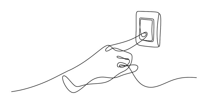 A continuous line art drawing of a hand pressing a light switch button Vector, illustration