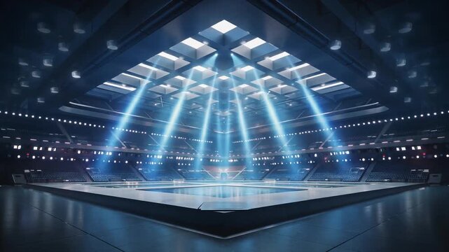 Futuristic empty stadium with blue lighting and holographic effects.