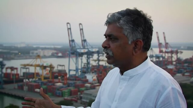 One adult man talking at busy shipping port with cranes and container ships.