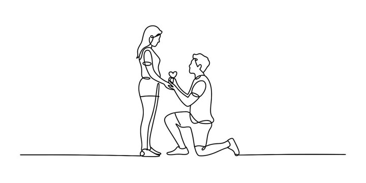 Minimalist continuous line art illustration showing a romantic proposal between a couple Vector, illustration