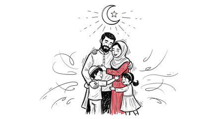Obraz premium Muslim Family Embracing Under Crescent Moon and Star.