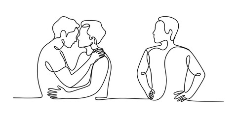 Continuous line art illustration of two men kissing and a third man standing alone Vector, illustration