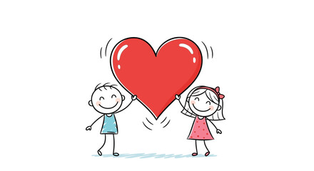 Happy stick figures holding a large red heart together.