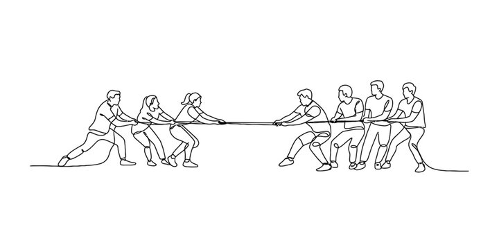 Continuous line art illustration of people working together in a fierce tug-of-war match Vector, illustration