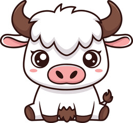 Adorable Cute Baby White Fluffy Yak or Highland Calf Cartoon Character Sitting Down with Big Shining Eyes and Little Horns, cad drawing flat vector illustration
