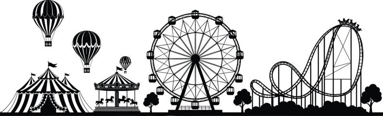 Amusement park silhouette vector illustration, ferris wheel roller coaster circus tent and hot air balloons, funfair entertainment skyline, isolated black design © MSTMUNMUN
