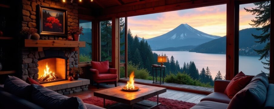 Cozy cabin interior, fireplace glow, San Pablo Lake & Imbabura volcano view , comfortable, warm