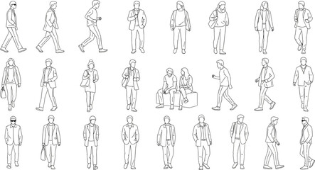 Business people outline vector illustration set, office men and women walking, standing, sitting poses, professional lifestyle characters, isolated line art