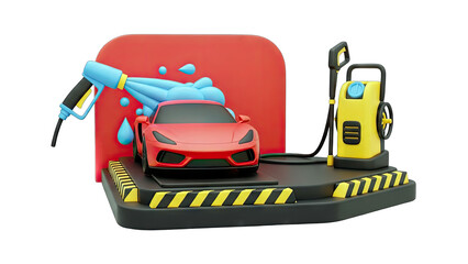 Naklejka premium Red Car Being Washed at a 3D Car Wash Station