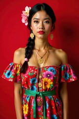 Fototapeta premium Vibrant floral Oaxaca dress, braided flowers, gold necklaces, red background, image, flowers, celebration