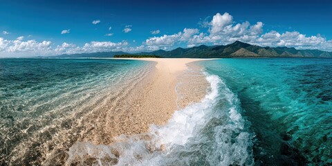 Beautiful Turquoise Waters and Sandy Beach Stretch under Bright Cloudy Sky in Tropical Island Scenery with Distant Mountain Peaks Visible on Horizon in Summer