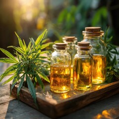 Cannabis oil in glass bottles on a wooden tray, surrounded by lush plants, bathed in sunlight