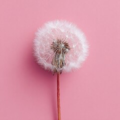 Single dandelion seed head on pink background