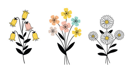 Set of three simple and charming bouquets of stylized wildflowers, including daisies and bellflowers, in a minimalist flat design style.