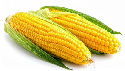 Fresh yellow corn on the cob with green husks partially peeled back, Isolated on white background