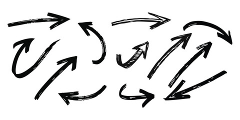Loose hand drawn arrows in various directions. Sketch arrow set showing motion paths.
