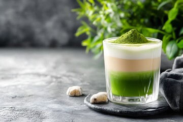 Matcha latte layered drink with green powder topping