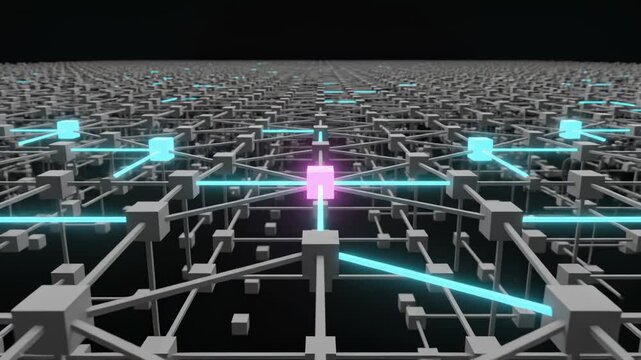 Abstract Network of Cubes and Glowing Lines Connecting Them