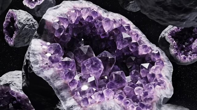 Close Up Display of Amethyst Geodes Floating in Space