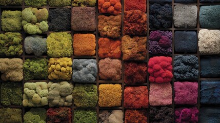 Colorful Varied Moss Patches Displayed in Wooden Grid Wall Decorative Textured Assortment Natural Botanical Palette