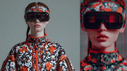 Young woman wearing futuristic virtual reality goggles and a vibrant floral jacket against a neutral background