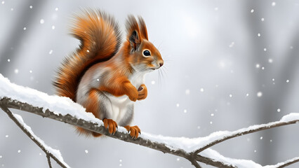 A squirrel perched on a snowy branch in a winter wonderland scene