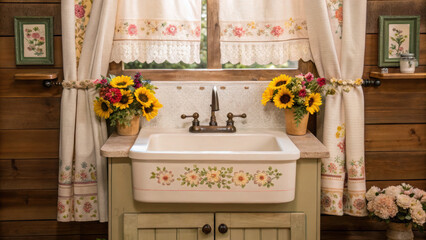 Farmhouse kitchen design cottage sink with floral curtains sunflowers and vintage faucet creating cozy rustic charm
