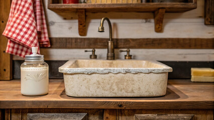 Farmhouse kitchen design cottage sink rustic ceramic basin with vintage faucet and cozy towel evokes warm country charm