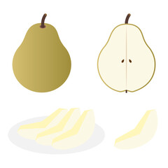 洋梨とカットされた洋梨のシンプルなイラストセット