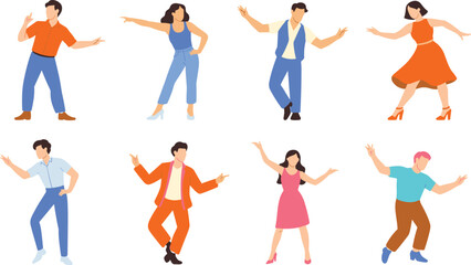 Flat vector illustration of diverse people dancing, modern characters celebrating music, movement, lifestyle, fun, party, energy, joy, and social activity