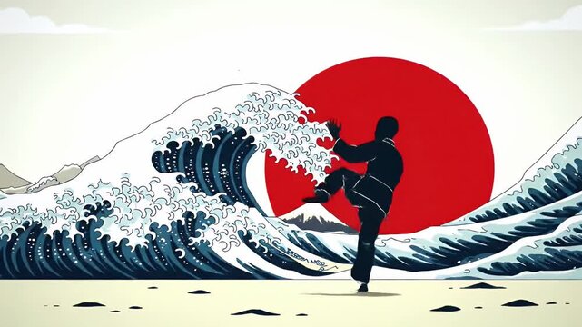 Silhouette of a lone figure facing a colossal wave beneath a crimson sun in a stylized seaside scene