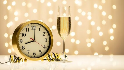 Golden clock and champagne glass signal midnight celebration against bokeh lights