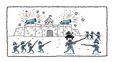 Soldiers in battle with muskets and cannons firing at a fort. © Watirah